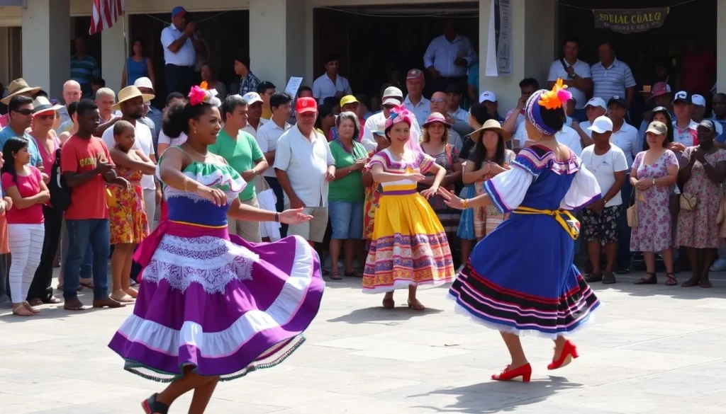 Local Cuban festival with traditional dancers in colorful costumes