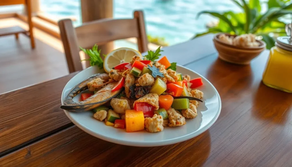 Local Grenadian cuisine featuring seafood and spices served at a restaurant in Sauteurs Local Grenadian cuisine featuring seafood and spices served at a restaurant in Sauteurs