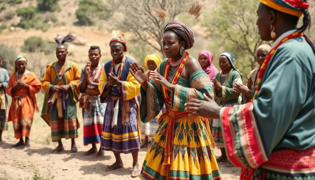 Local Gumuz community members in traditional dress performing cultural dance near Alatish National Park Ethiopia Local Gumuz community members in traditional dress performing cultural dance near Alatish National Park Ethiopia