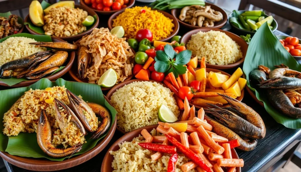 Local Guyanese cuisine featuring fresh seafood and tropical fruits