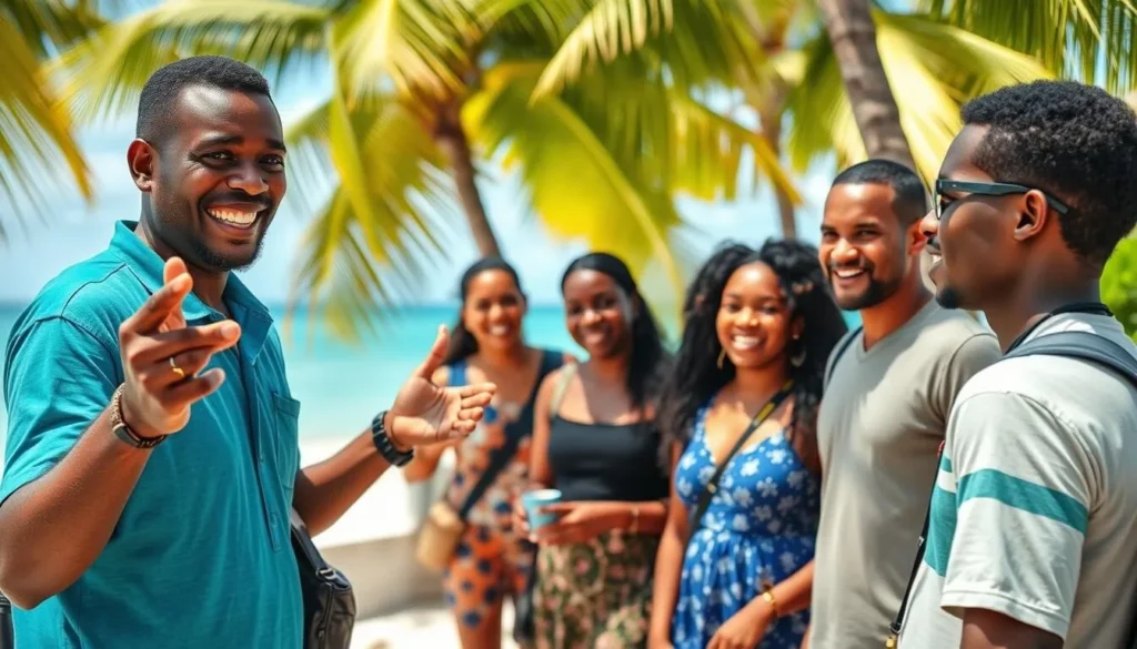 Local Haitian host welcoming visitors to Kokoye Beach with traditional greeting