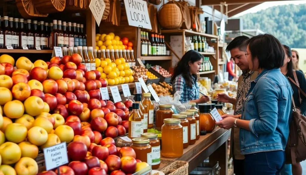 Local Huon Valley produce including apples, cider, and honey at a farm gate store