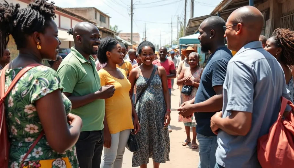 Local Linden residents engaged in friendly conversation with tourists, showing the welcoming culture