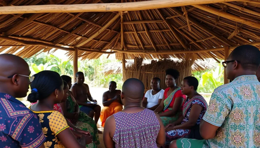 Local Mashabo Village residents gathering in a community meeting under a traditional benab structure