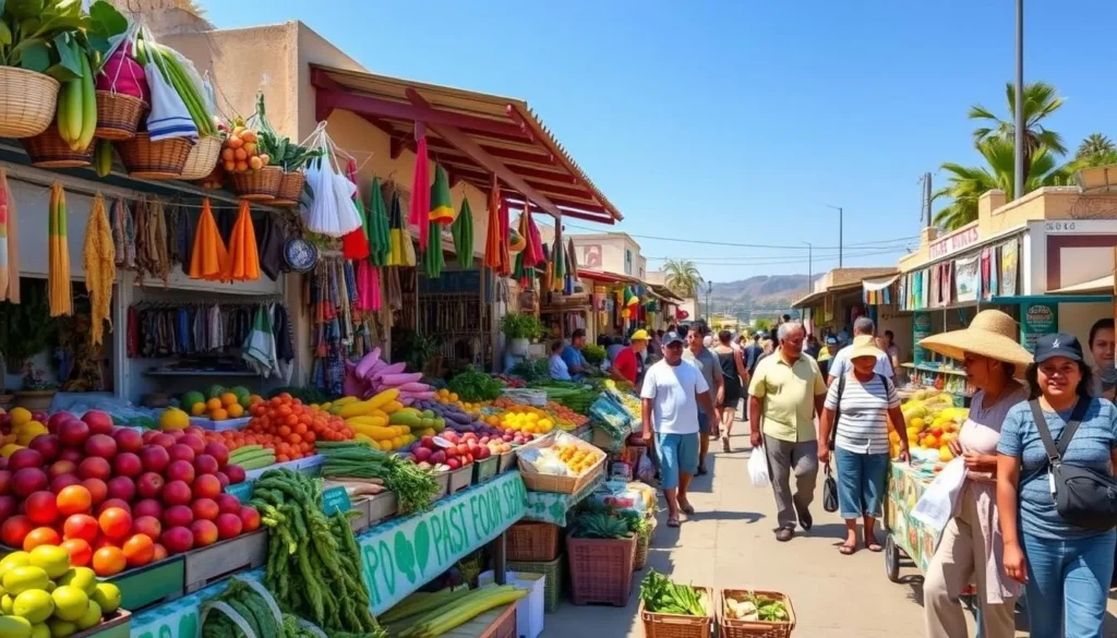 Local Mexican farmers market in El Pescadero with fresh produce and crafts