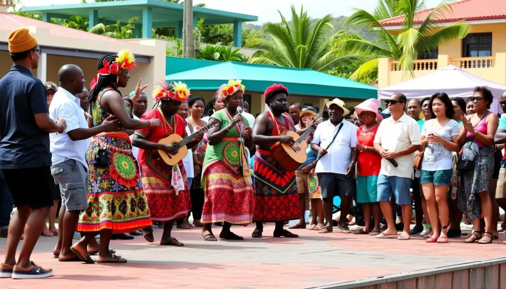Local Nevisian cultural performance showing traditional dance and music, an important aspect of Newcastle Nevis things to do Local Nevisian cultural performance showing traditional dance and music, an important aspect of Newcastle Nevis things to do