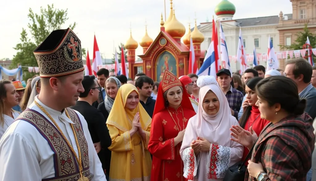 Local Russian Orthodox celebration in Tolyatti with people in traditional dress participating in cultural festivities