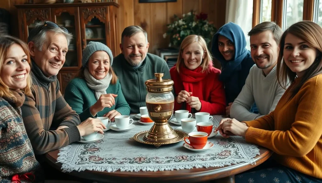 Local Russian family sharing tea with tourists near Lake Rudanovskoye Local Russian family sharing tea with tourists near Lake Rudanovskoye