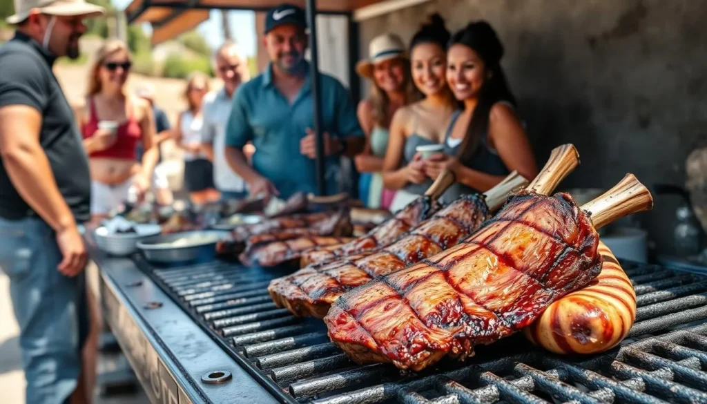 Local Santa Maria-style barbecue with tri-tip being served to diverse group of tourists Local Santa Maria-style barbecue with tri-tip being served to diverse group of tourists