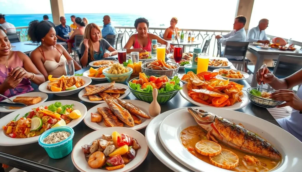 Local St. Lucian cuisine and seafood dishes served at a Rodney Bay restaurant