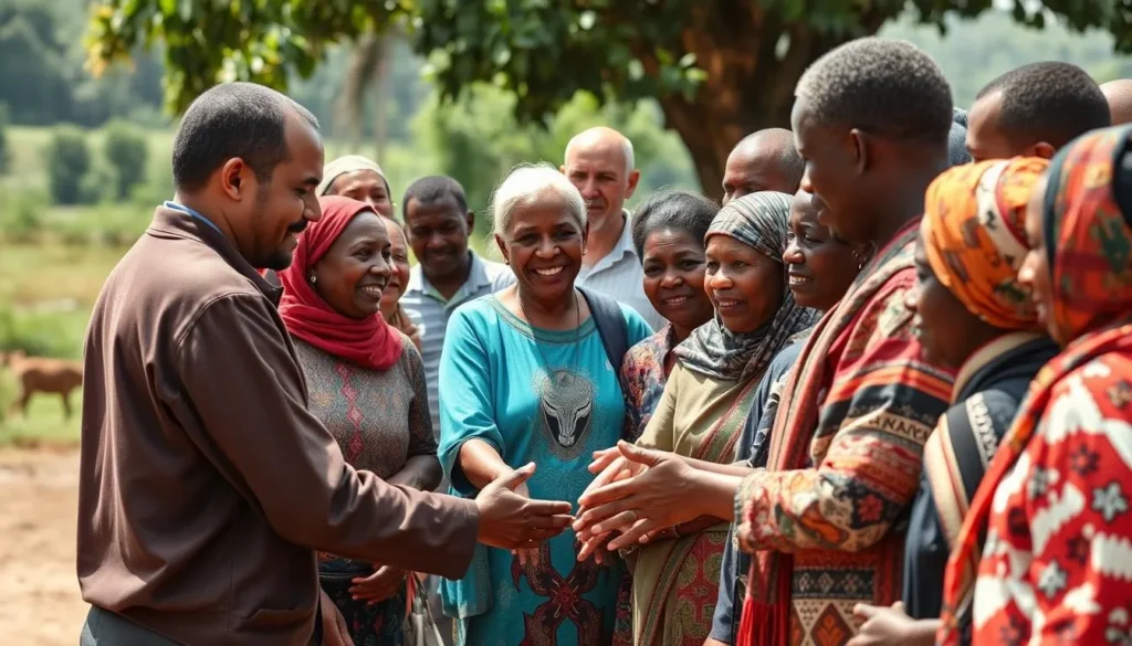 Local Ugandan community members welcoming tourists with traditional greetings in Kabale