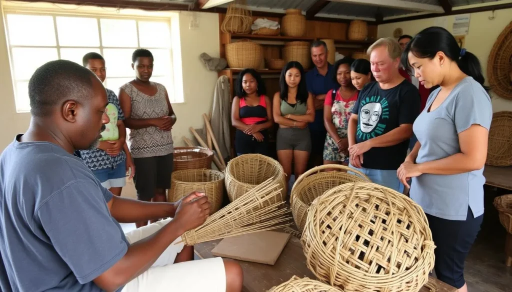 Local artisan demonstrating traditional basket weaving at Choiseul Arts and Crafts Centre