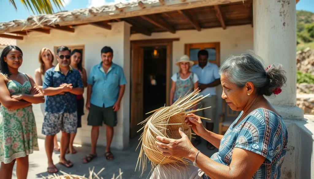 Local artisan demonstrating traditional straw weaving techniques in Corossol
