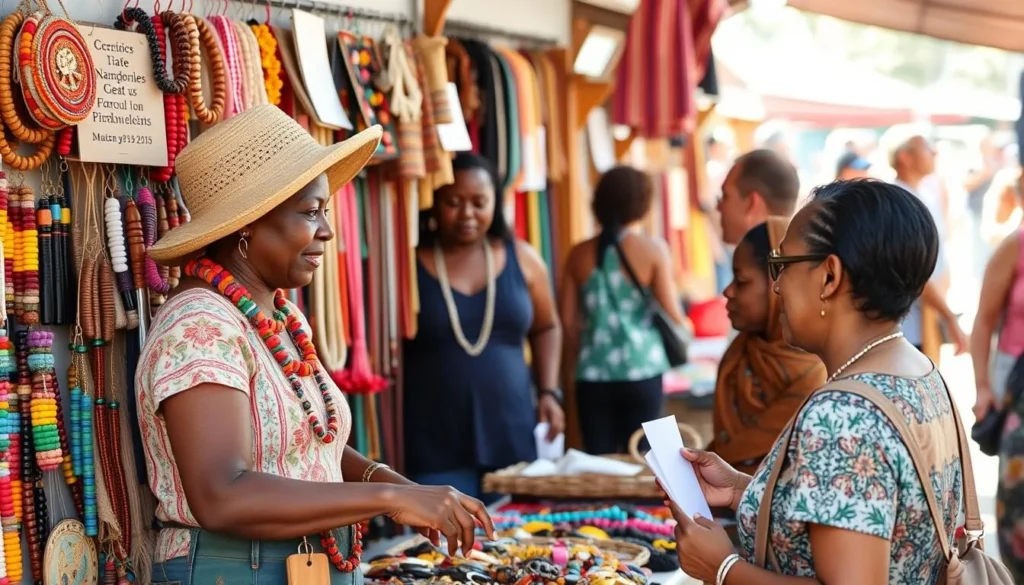 Local artisan selling handmade crafts at a Grand Case market