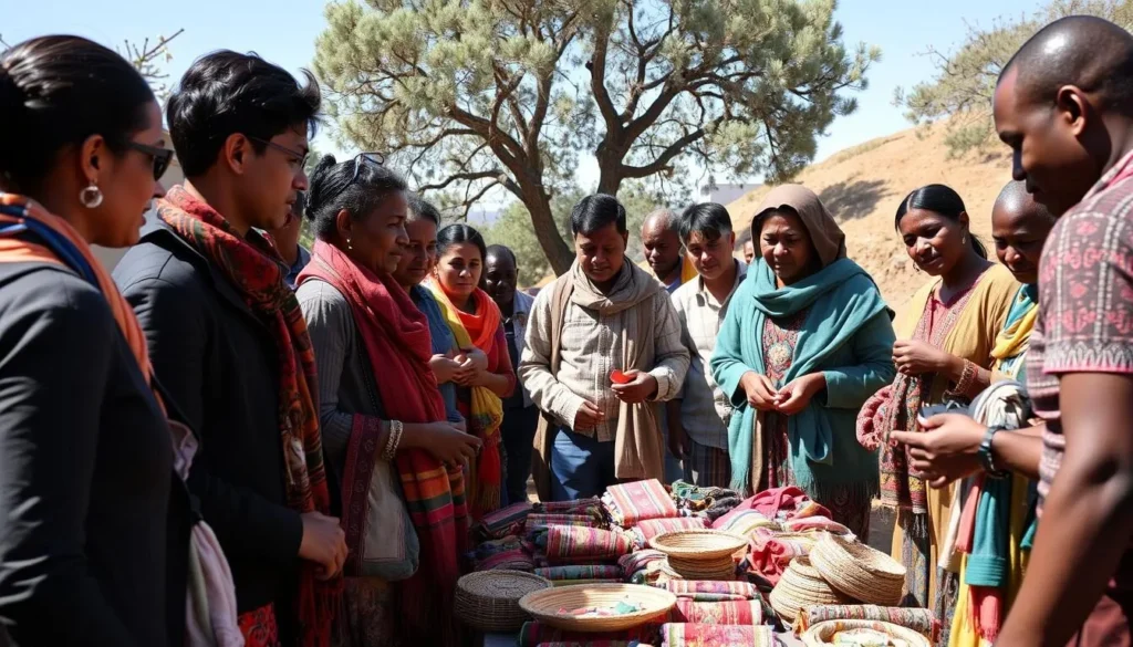 Local artisans displaying traditional crafts and textiles at Entoto Hills Local artisans displaying traditional crafts and textiles at Entoto Hills
