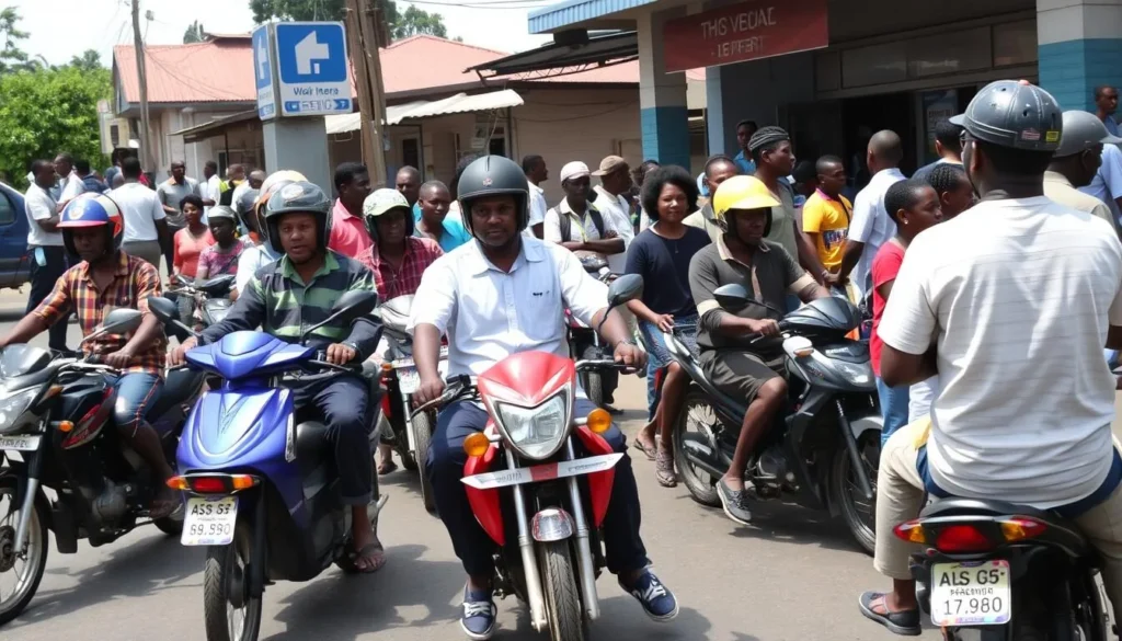 Local boda boda motorcycle taxis in Mbale town center, a popular transportation option for tourists exploring the best things to do in Mbale Uganda