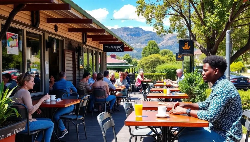 Local cafe in Warburton with outdoor seating and people enjoying coffee and food