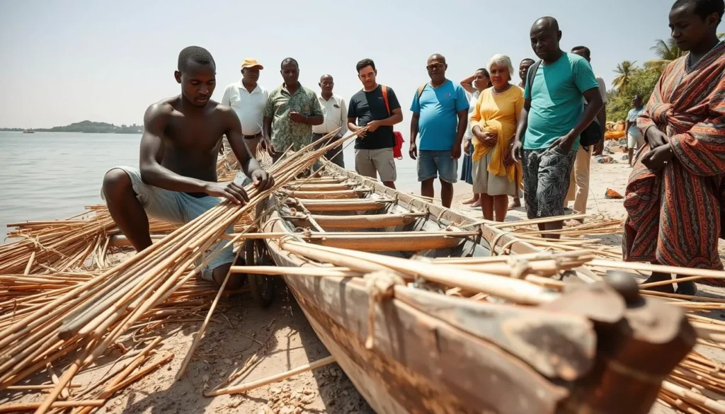 Local craftsmen building traditional papyrus boats on Rema Island with tourists observing