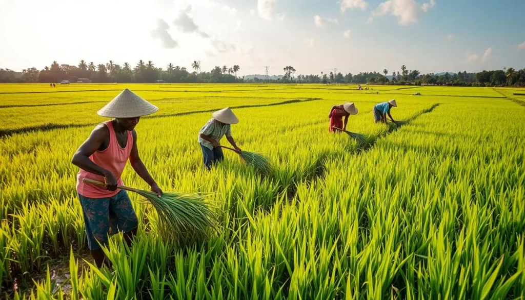 Local farmers harvesting rice in the fields of Leguan Island
