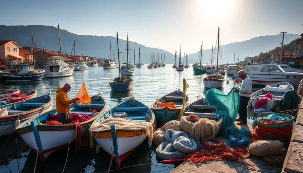 Local fishermen preparing nets in a small harbor on Peljesac Peninsula Croatia Local fishermen preparing nets in a small harbor on Peljesac Peninsula Croatia