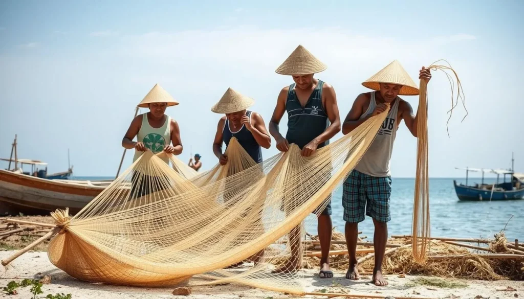 Local fishermen preparing traditional fishing nets on Balicasag Island