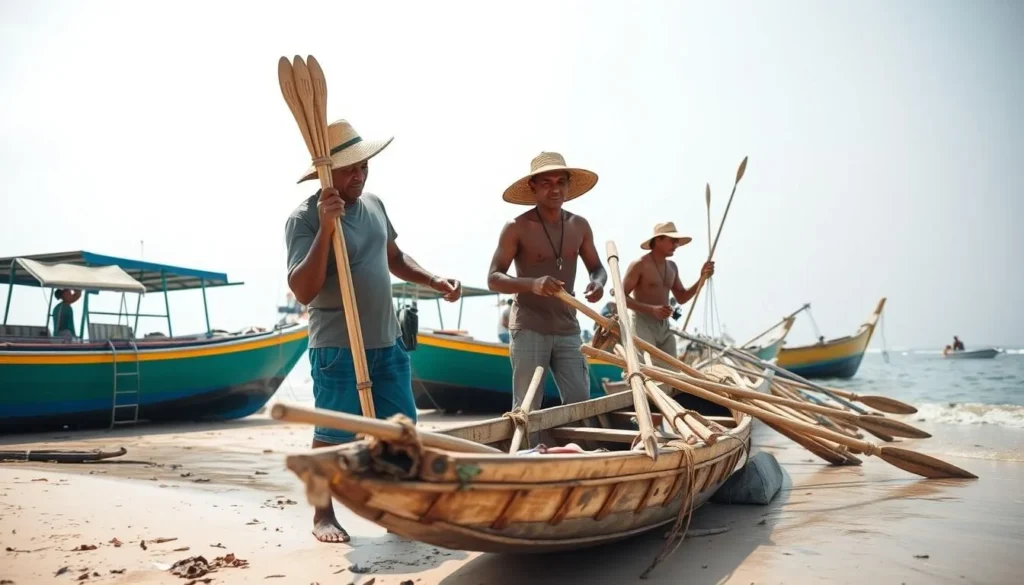 Local fishermen preparing traditional wooden boats and fishing equipment on Balut Island