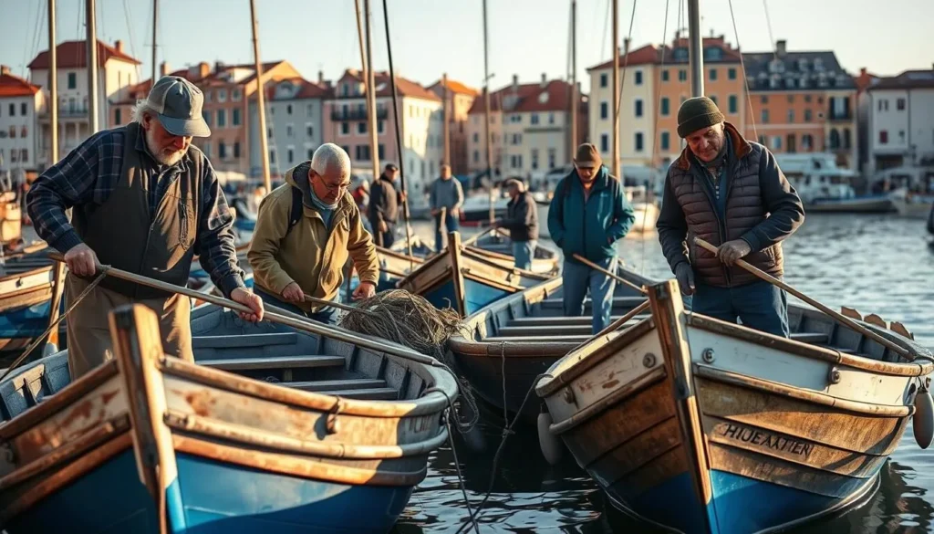 Local fishermen working with traditional batana boats in Rovinj Croatia Local fishermen working with traditional batana boats in Rovinj Croatia