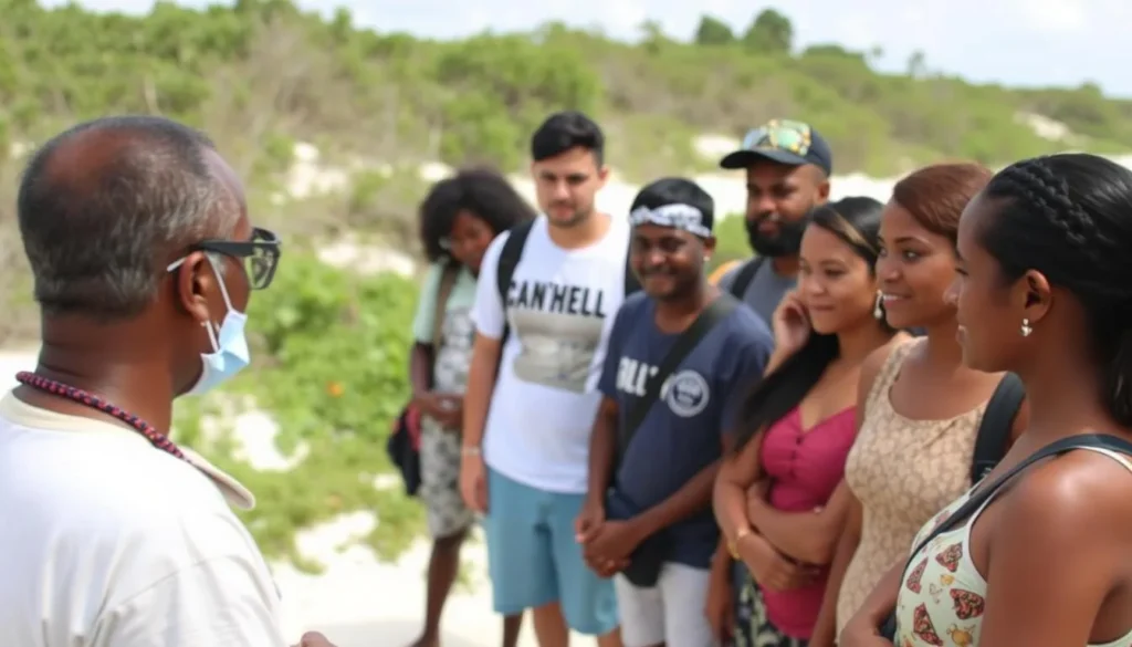 Local guide explaining conservation rules to visitors at Shell Beach Islands Guyana
