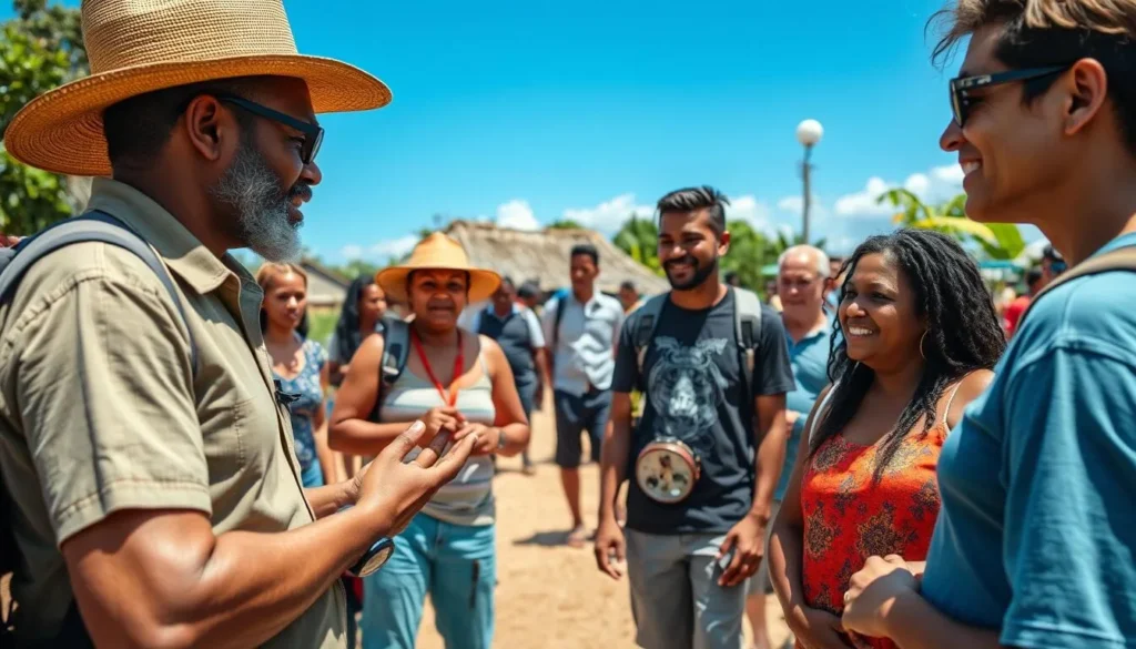 Local guide explaining customs to diverse tourists in a village near Parika