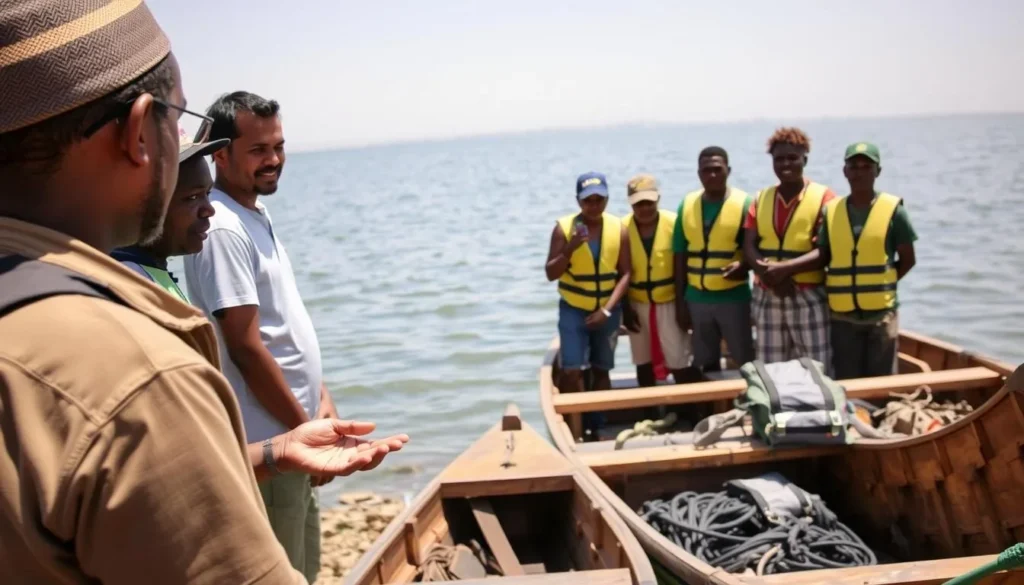 Local guide explaining safety procedures before a Lake Chamo boat safari Local guide explaining safety procedures before a Lake Chamo boat safari