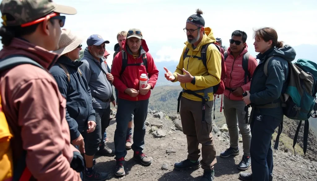 Local guide explaining safety procedures to a diverse group of hikers before starting the Mount Roraima trek Local guide explaining safety procedures to a diverse group of hikers before starting the Mount Roraima trek