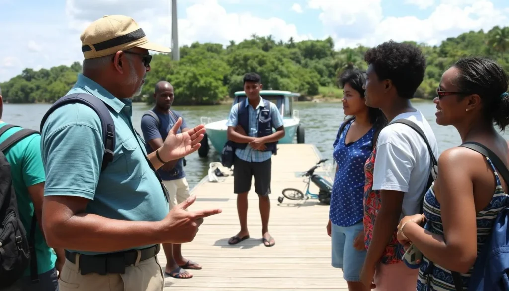 Local guide explaining safety procedures to tourists before a Tiger Island excursion