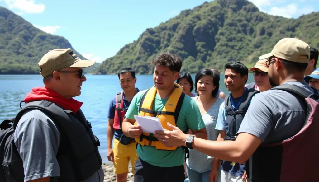 Local guide explaining safety protocols before a Lake Amuku excursion Local guide explaining safety protocols before a Lake Amuku excursion