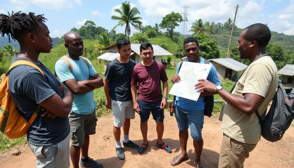 Local guide explaining safety protocols to diverse tourists before a hike in Mount Kopinang