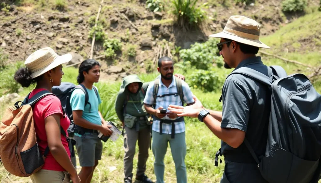 Local guide explaining safety protocols to tourists before a hike