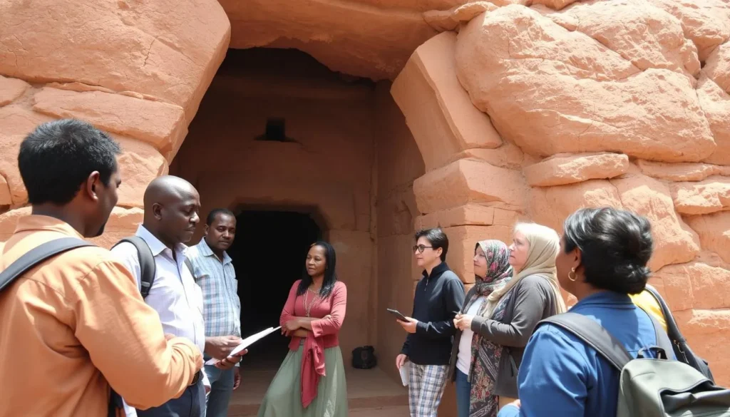 Local guide explaining the history of the Rock-Hewn Churches of Lalibela Ethiopia to tourists