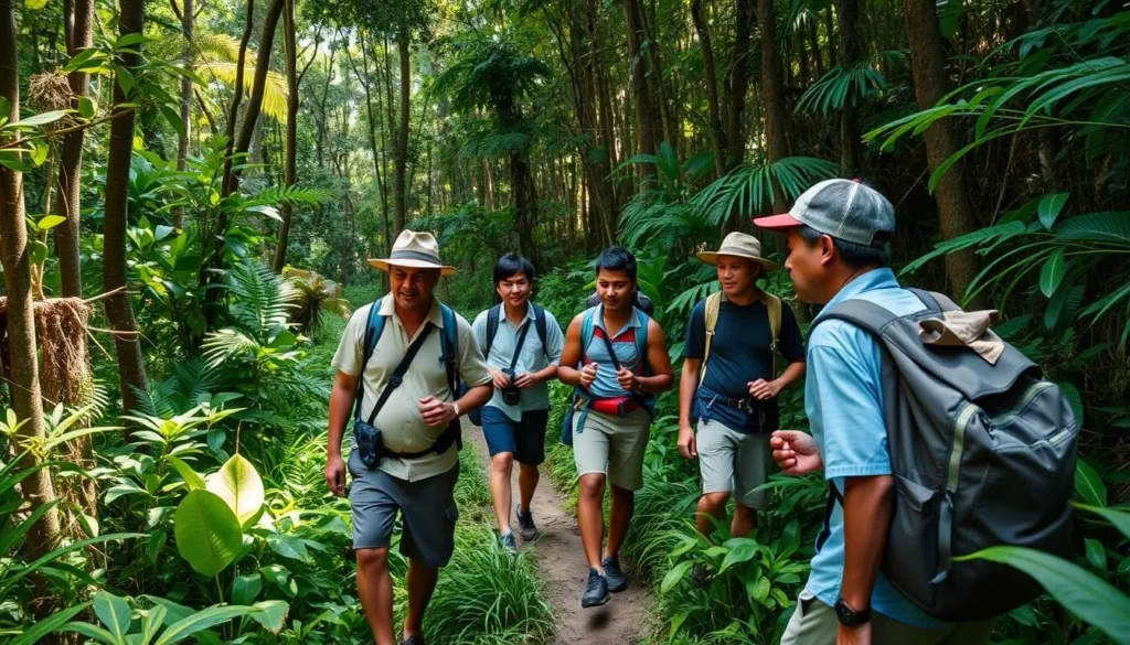 Local guide leading a small group of diverse tourists through Mount Shiriri's forest trails