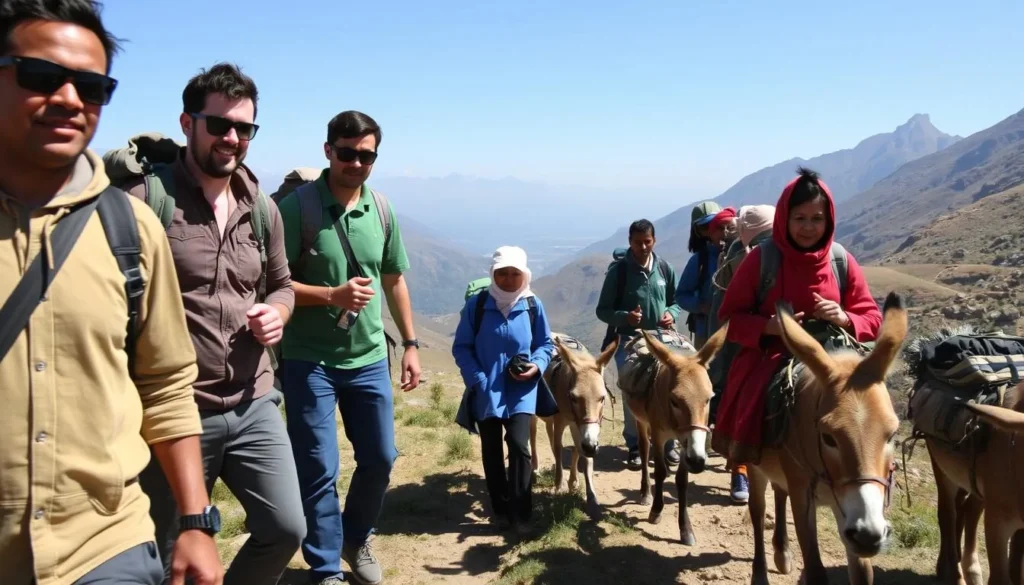 Local guide leading tourists on a trek through Mount Abuna Yosef with pack animals carrying equipment