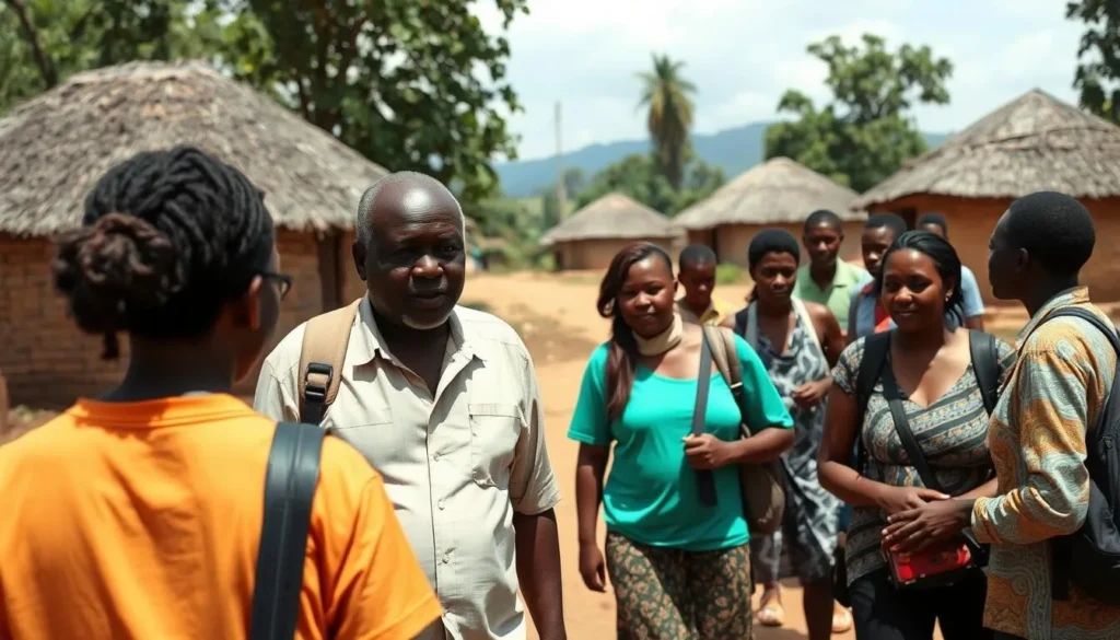 Local guide leading tourists through a village near Mount Kadam