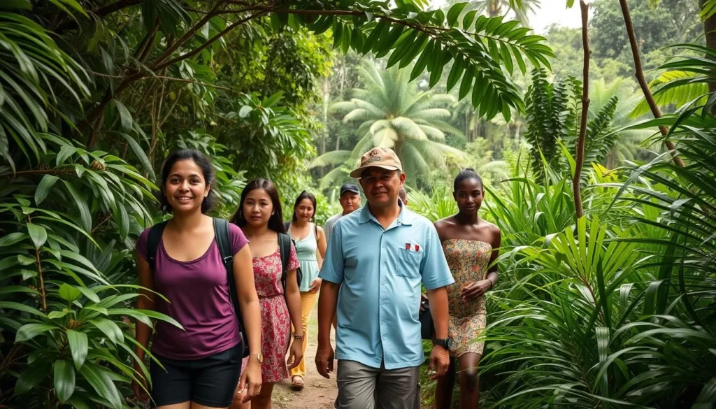 Local guides leading tourists through jungle paths near Mount Ayanganna