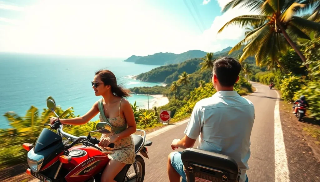 Local habal-habal motorcycle taxi transporting tourists on a coastal road in Balut Island