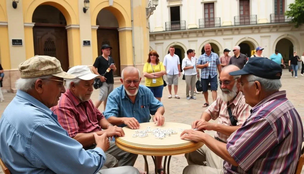 Local life in Remedios Cuba with residents playing dominoes in the plaza