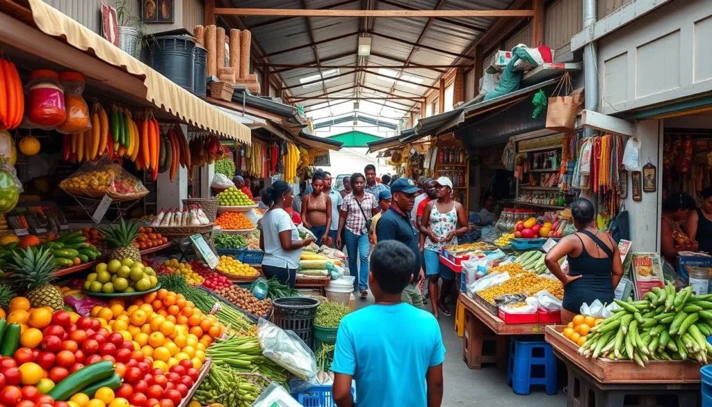 Local market in Basseterre, St. Kitts with colorful fruits, vegetables and spices Local market in Basseterre, St. Kitts with colorful fruits, vegetables and spices