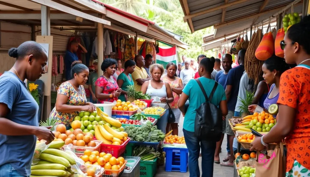Local market in Micoud with vendors selling fresh produce and crafts