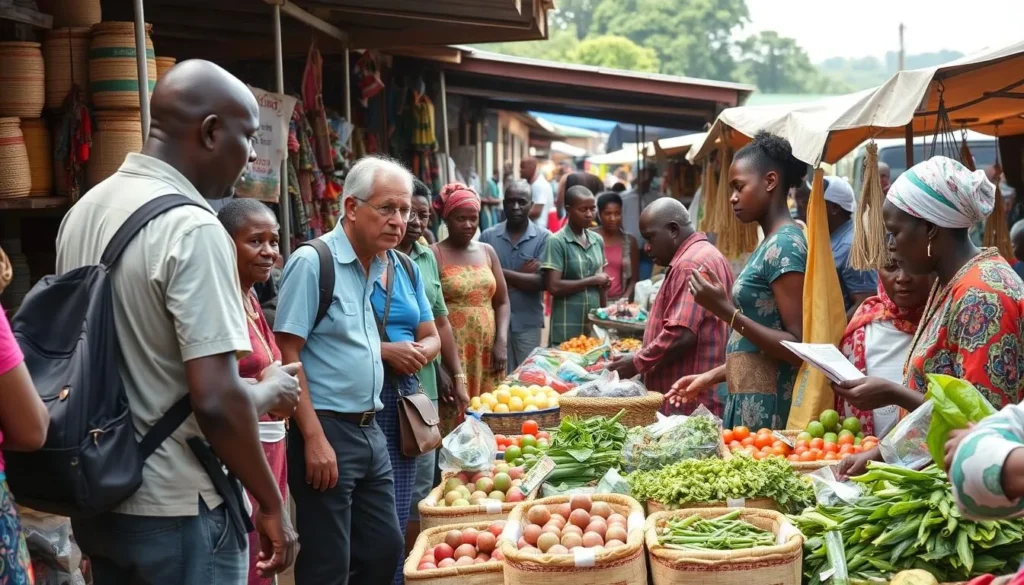 Local market scene in Masaka with vendors and tourists interacting