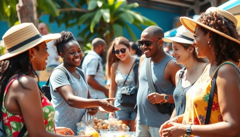 Local market vendor interacting with tourists in Les Trois-Ilets