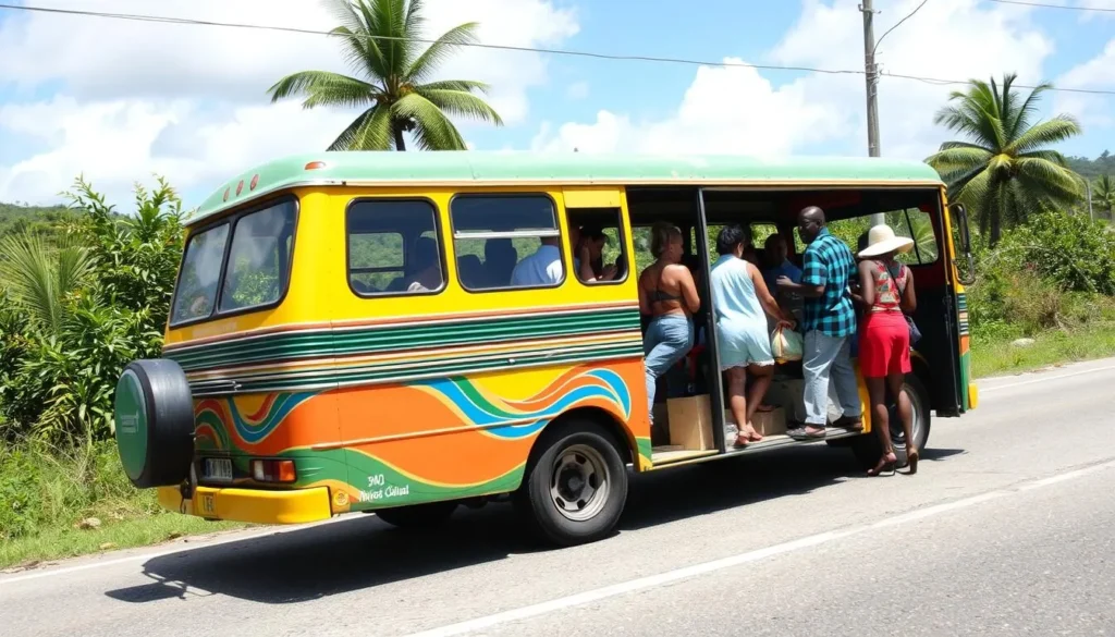Local minibus transportation in Micoud, St. Lucia with passengers boarding