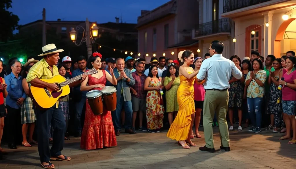 Local music performance in San Cristobal with traditional Cuban instruments and dancers