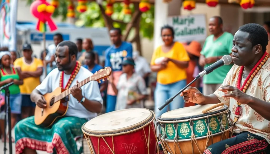 Local musicians performing traditional Gwo Ka music at a Marie-Galante festival