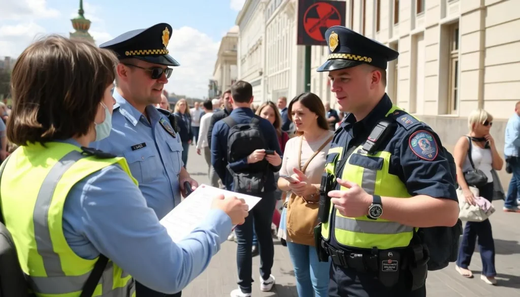 Local police officers helping tourists with directions in central Minsk